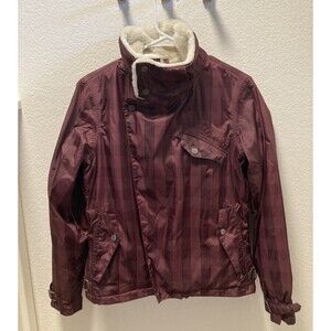 Burton Jacket Womens S Small Burgundy Red Stripes Faux Fur Hooded Snowboarding